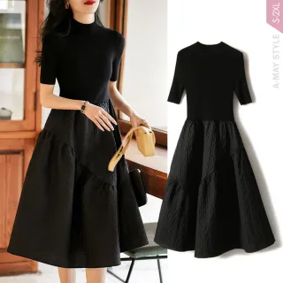 【艾美時尚】中大尺碼女裝 優雅小立領拼接短袖針織顯瘦澎裙洋裝。S-2XL(黑.預購)