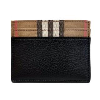 【BURBERRY 巴寶莉】80840431/80840741經典格紋素面牛皮拼接卡夾名片夾(黑色)