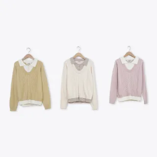 【CUMAR】質感麻花拼接領口下襬假兩件針織上衣(粉 杏 黃/魅力商品)