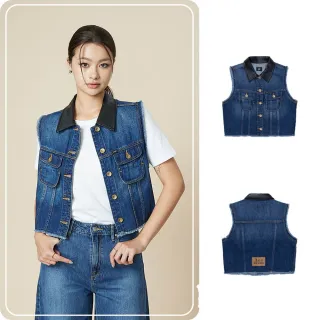 【Lee】女裝 牛仔外套 / 領異材質拼接 牛仔背心 中藍洗水 季節性版型(LB516010144)