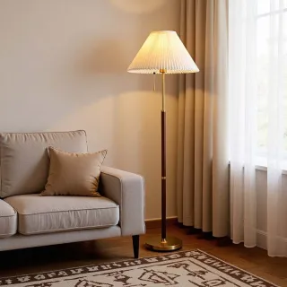 【諾必行】實木中古歐式百褶落地燈 高150cm 三色變光(客廳擺飾 立式燈 落地氛圍燈 床邊裝飾燈)