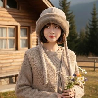【HaNA 梨花】冬日暖暖角落．雙絨拼接長綁帶護耳帽 保暖 護耳(毛帽 雙絨 拼接 長綁帶)