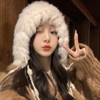 【HaNA 梨花】節日氣氛感 仿兔毛雲朵護耳流蘇毛帽(流蘇 毛帽 冬日 氛圍感)