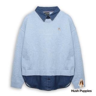 【Hush Puppies】女裝 線衫 假兩件牛仔拼接刺繡小狗線衫(淺藍 / 54213104)