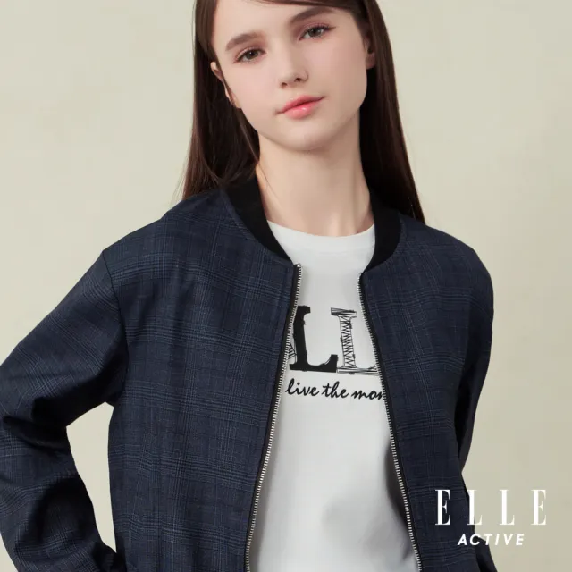 【ELLE ACTIVE】女款 都會輕雅短版格紋飛行夾克外套-藍色(EA25A2W6104-35)