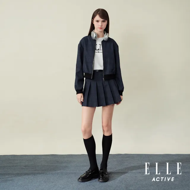 【ELLE ACTIVE】女款 都會輕雅短版格紋飛行夾克外套-藍色(EA25A2W6104-35)
