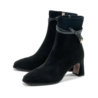 【DIANA】彈力絨布可拆式皮帶蝴蝶結高跟短靴(黑色)