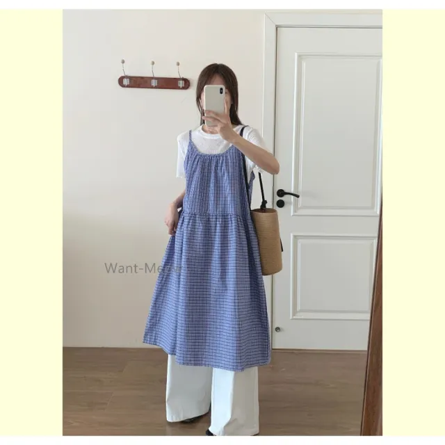 【Want-Meow】90公斤可穿/百搭日系格紋細肩帶吊帶裙中大尺碼洋裝(大碼/大尺碼/加大碼/洋裝/吊帶裙)