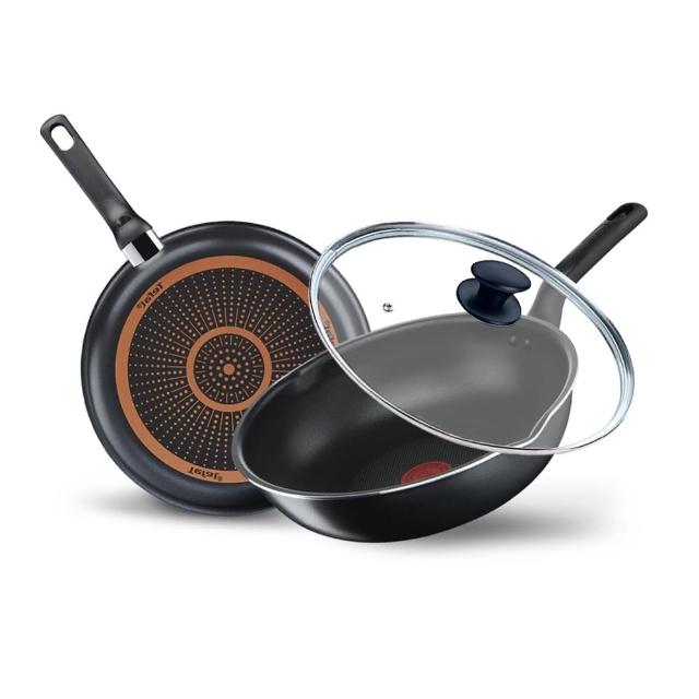 【Tefal 特福】璀璨系列28CM不沾鍋三件組(平底鍋+炒鍋+玻璃蓋)