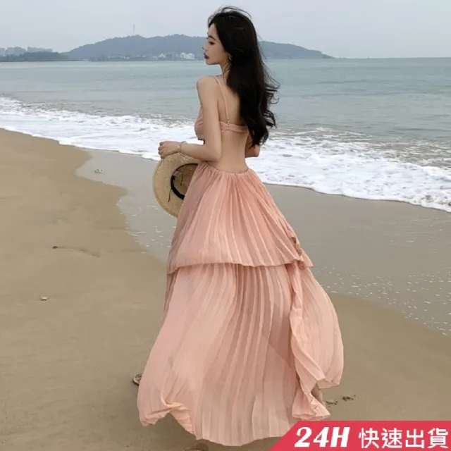 【AS 假日泳裝】深V 洋裝 細肩帶洋裝 長裙洋裝 洋裝夏天 性感洋裝 露腰 露背連身裙 度假洋裝 C6508