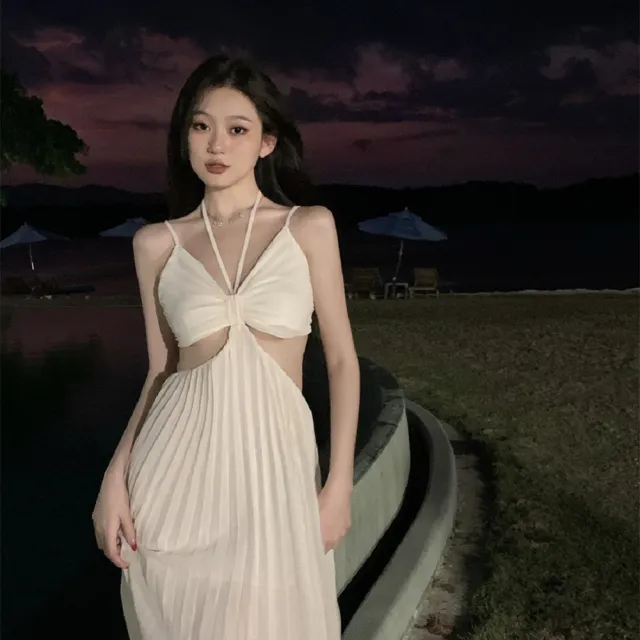 【AS 假日泳裝】細肩帶仙女洋裝 夏天性感 長洋裝 露腰 露背連身裙 C6508