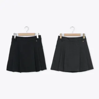 【CUMAR】人字紋仿毛料打褶安全褲短裙(黑 灰)