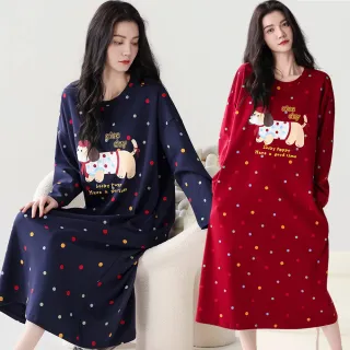 【Kosmiya】1套 帶胸墊 純棉幸運小狗長袖睡裙/女睡衣/保暖睡衣/連身洋裝/洋裝(3色可選/均碼/加大碼)