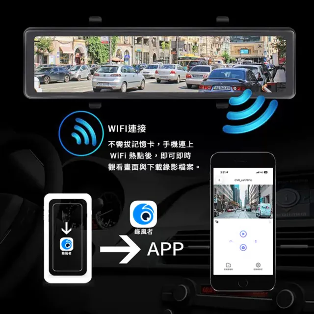 12吋全螢幕後視鏡行車記錄器 WIFI手機APP連線 GPS測速 科技執法示警(SONY 2K高畫質鏡頭)