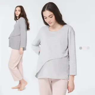 【Gennies 奇妮】親膚棉質成套居家哺乳衣(孕婦裝 月子服 居家服 睡衣 上掀哺乳 居家褲 抽繩 寬版直筒)