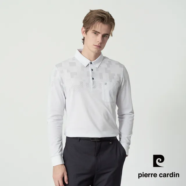 【pierre cardin 皮爾卡登】休閒服飾 男款 幾何印花設計長袖POLO衫-白色(5255265-90)