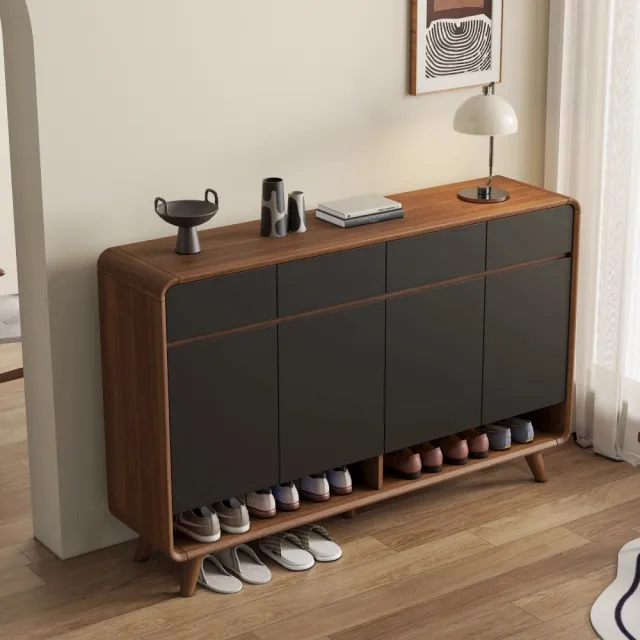 【銘利萊】實木框鞋櫃 新中式鞋櫃 入戶進門室內玄關櫃 一體鞋櫃(三門三抽 胡桃深灰門100*34.5*100)