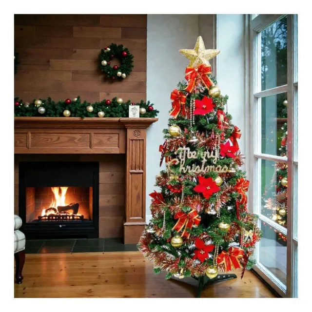 【摩達客】耶誕 5尺/5呎-150cm幸福一般型裝飾綠聖誕樹(含紅金色系配件/含100燈LED燈1串)