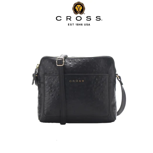 【CROSS】直播限定 限量1折 頂級小牛皮鴕鳥紋鈕扣側背包 全新專櫃展示品(黑色)