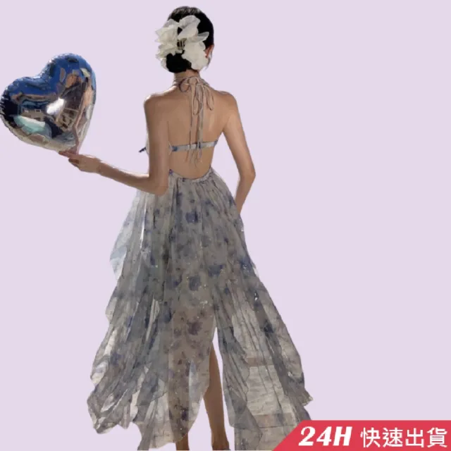 【AS 假日泳裝】洋裝 連身裙 露背連身裙 雪紡紗洋裝 碎花洋裝 度假長洋裝 綁帶連身裙 小仙女 C6583
