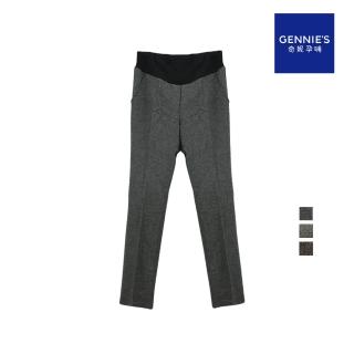 【Gennies 奇妮】修身毛呢長褲-黑灰/灰/咖(孕婦褲 直筒褲 雙口袋 可調腰圍)