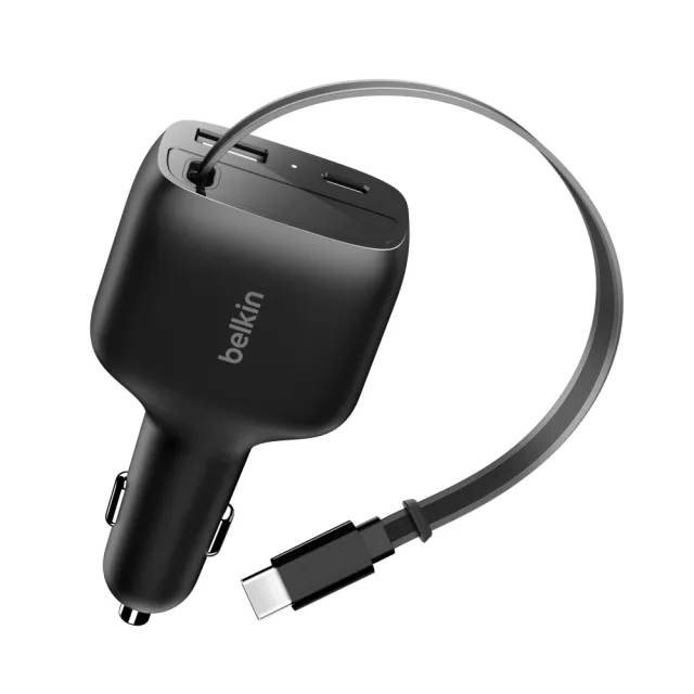 【BELKIN】BoostCharge 75W 自帶線車用充電器1C+1A+1伸縮TYPE-C線_伸縮線長75cm(CCC001fqBK)