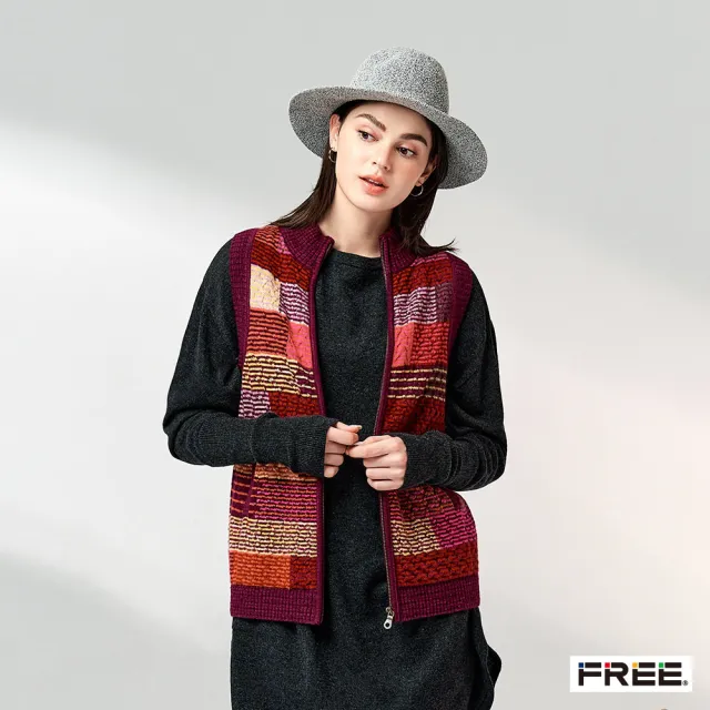 【FREE】喀什米爾拉鍊拼色麻花紋羊絨背心(淺藍/紅紫)