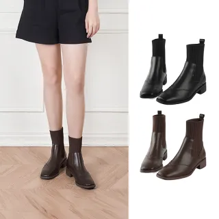 【SANDARU 山打努】襪靴 真皮方頭針織拼接切爾西短靴 靴子 馬靴(棕)