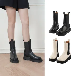 【SANDARU 山打努】中筒靴 真皮鬆緊厚底切爾西靴(黑)