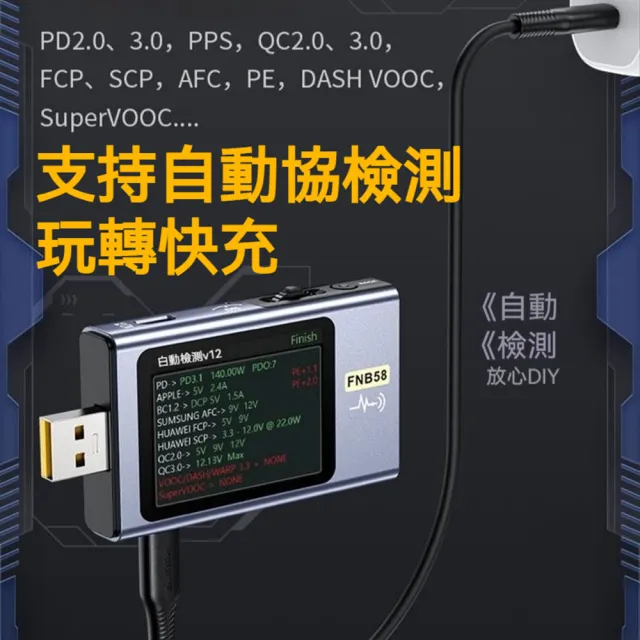 【FNIRSI】高階USB/PD電壓電流測試儀(FNB58 傳輸線 USB檢測 快充協議PD3.1 紋波測量 TC 140W 線材阻抗)