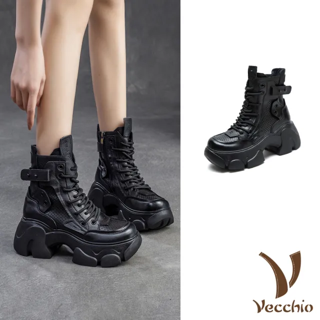 【Vecchio】真皮馬丁靴 厚底馬丁靴/真皮頭層牛皮透氣縷空帥氣釦飾厚底馬丁靴(黑)