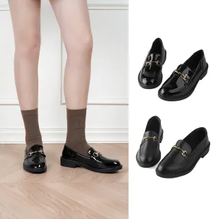 【SANDARU 山打努】樂福鞋 尖頭馬銜釦皮革紳士鞋 金釦樂福鞋 皮鞋 休閒鞋 女鞋(黑鏡面)