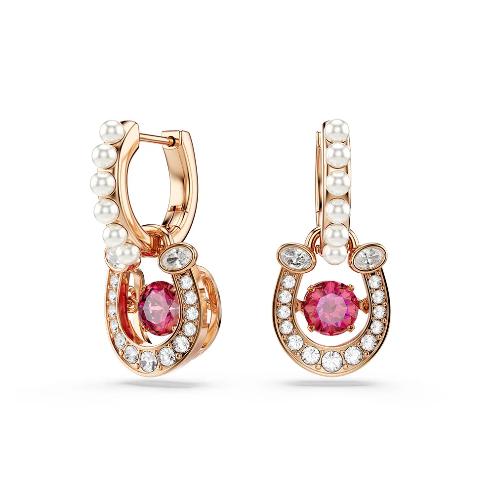【SWAROVSKI 施華洛世奇】Symbolica 水滴形耳環 晶珍珠  圓形切割  密鑲  馬蹄鐵  紅色  鍍玫瑰金色調