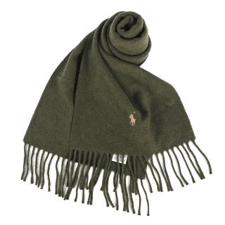 【RALPH LAUREN】POLO經典撞色刺繡小馬素面羊毛流蘇圍巾(軍綠色)