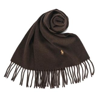 【RALPH LAUREN】POLO經典撞色刺繡小馬素面羊毛流蘇圍巾(咖啡色)