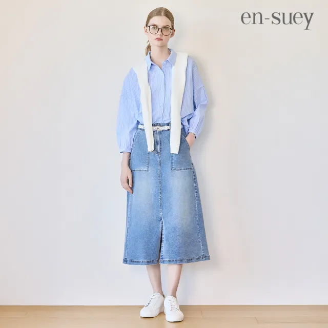 【en-suey 銀穗】網路限定 後開洞條紋剪接活褶拋袖襯衫-女