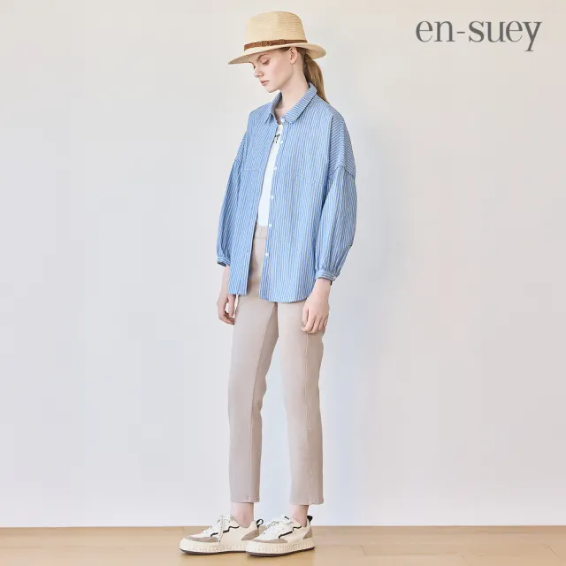 【en-suey 銀穗】網路限定 後開洞條紋剪接活褶拋袖襯衫-女