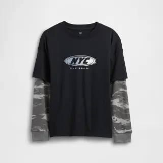 【GAP】男童裝 印花假兩件圓領長袖T恤-灰黑色(845813)