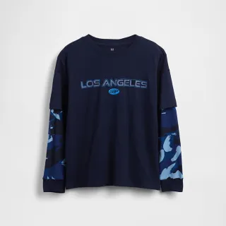 【GAP】男童裝 印花假兩件圓領長袖T恤-海軍藍(845813)