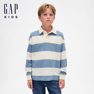 【GAP】男童裝 長袖POLO衫-藍白條紋(853098)