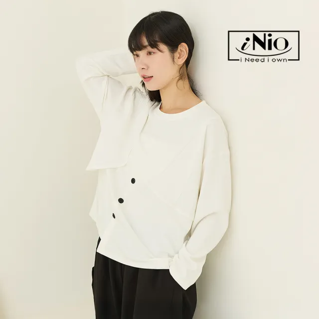 【iNio 衣著美學】立體拼接顯瘦修身長袖上衣 斜式拼接剪裁 圓領長袖棉T(CEW1836)
