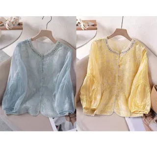 【MON’S】高訂精工蕾絲花珍珠滾邊上衣(2色任選)