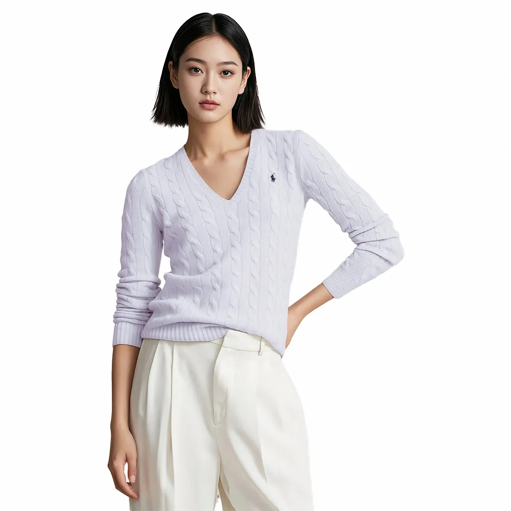 【RALPH LAUREN】RL POLO 經典V領刺繡小馬麻花針織毛衣 上衣-女-白色(平輸品)