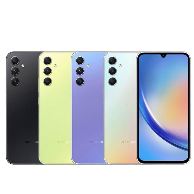 SAMSUNG三星 Galaxy A34 三星 Galaxy A34 5G 智慧型手機,搭載聯發科處理器、6GB RAM 與 128GB 儲存空間,6.6 吋水滴屏解析度高達 FHD+,4800 萬畫素主鏡頭支援廣角與夜拍功能,內建 5000mAh 大容量電池搭配快充,支援 AI 辨識、NFC 與美拍美顏,雙 5G SIM 卡雙待設計,適合日常使用與娛樂。提供黑色、綠色、紫色、銀色選擇,保固 180 天,配件含手機、充電線與取卡針。