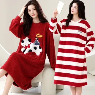 【Kosmiya】1件 極厚暖半邊絨 暖暖冬日長袖睡裙/女睡衣/保暖睡衣/長袖睡衣/連身洋裝/洋裝(均碼/加大碼)