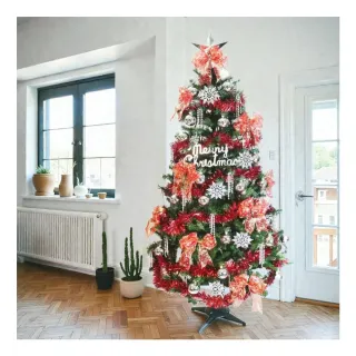 【摩達客】7尺一般型裝飾綠色聖誕樹 銀雪花紅系配件+100燈LED燈暖白光2串(贈IC控制器)