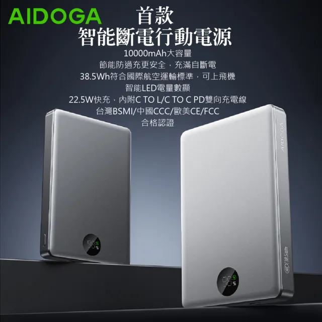 【AIDOGA】10000mAh 可上飛機 智能斷電行動電源 38.5Wh PD充電線雙向快充(BSMI/中國CCC/歐美CE/FCC)