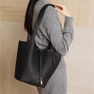 【A&L 老工匠】真皮包頭層牛皮大號水桶菜籃子包手提肩背包(真皮包包 經典黑)