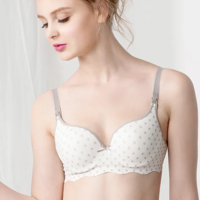 【Gennies 奇妮】哺乳內衣褲成套 涼感軟鋼圈內衣 高腰內褲 美波動(孕婦內衣 上開扣 孕婦內褲 灰點 A29B29)