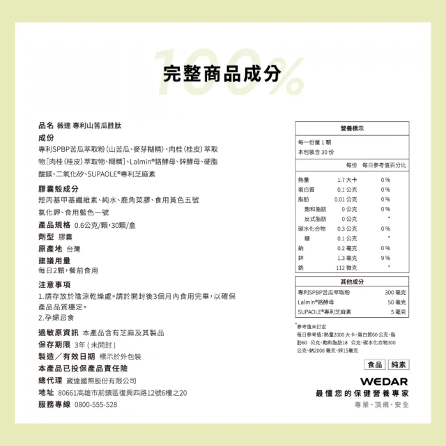 【Wedar 薇達】專利山苦瓜胜 4盒組(30顆/盒.超音波低溫萃取山苦瓜.美國專利肉桂.芝麻萃取)